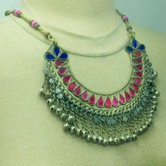 Beaded Chain Choker Necklace With Pink Glass Stones, Tribal Statement - Picture 3 of 9